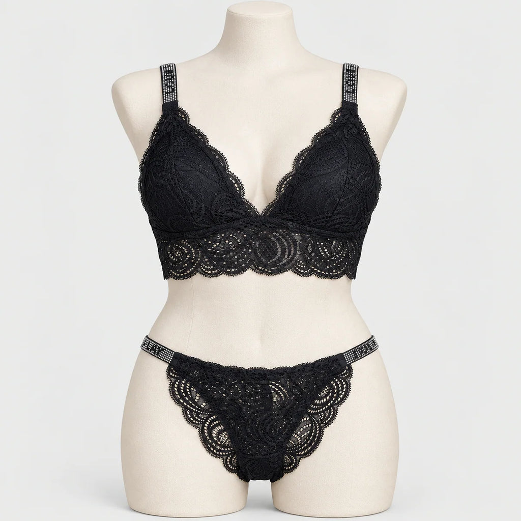 Sexy Bralette French Lace Deep V-neck Removable Padded Bra With Underwear