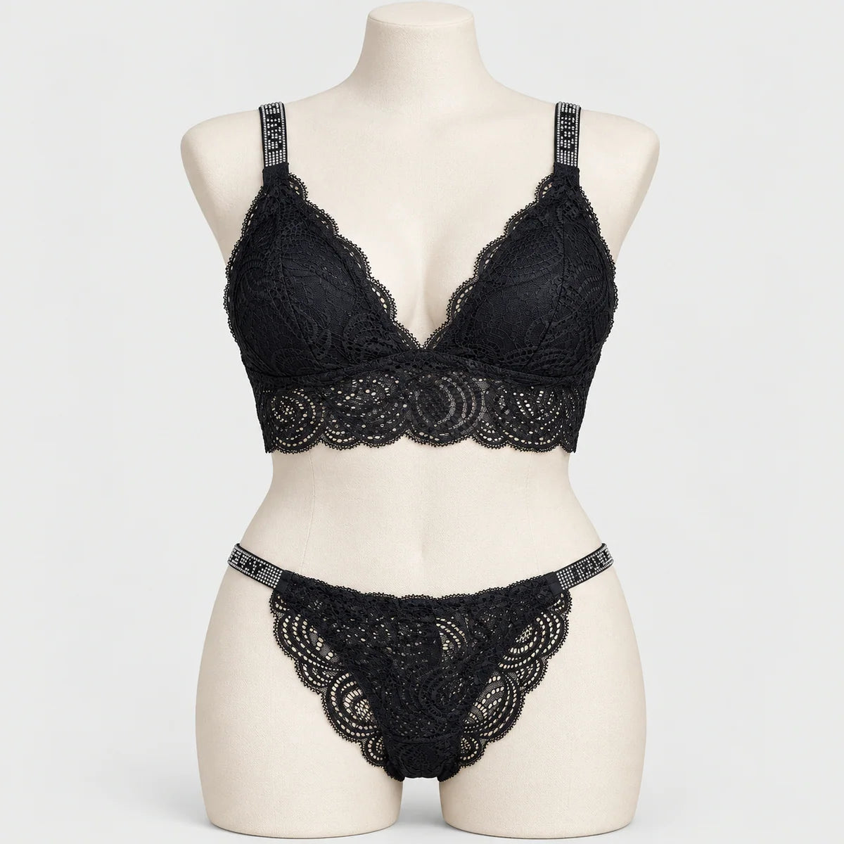 Sexy Bralette French Lace Deep V-neck Removable Padded Bra With Underwear