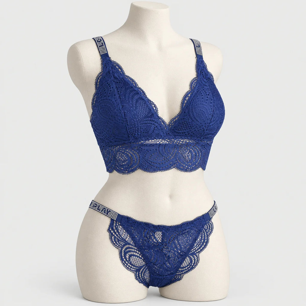 Sexy Bralette French Lace Deep V-neck Removable Padded Bra With Underwear