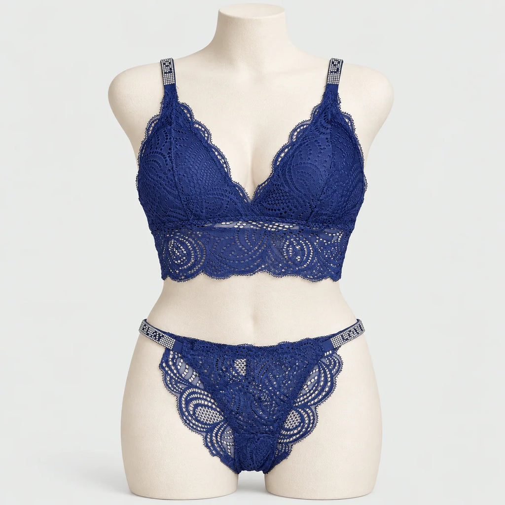 Sexy Bralette French Lace Deep V-neck Removable Padded Bra With Underwear