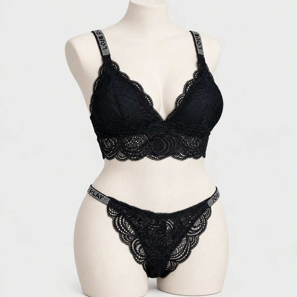 Sexy Bralette French Lace Deep V-neck Removable Padded Bra With Underwear