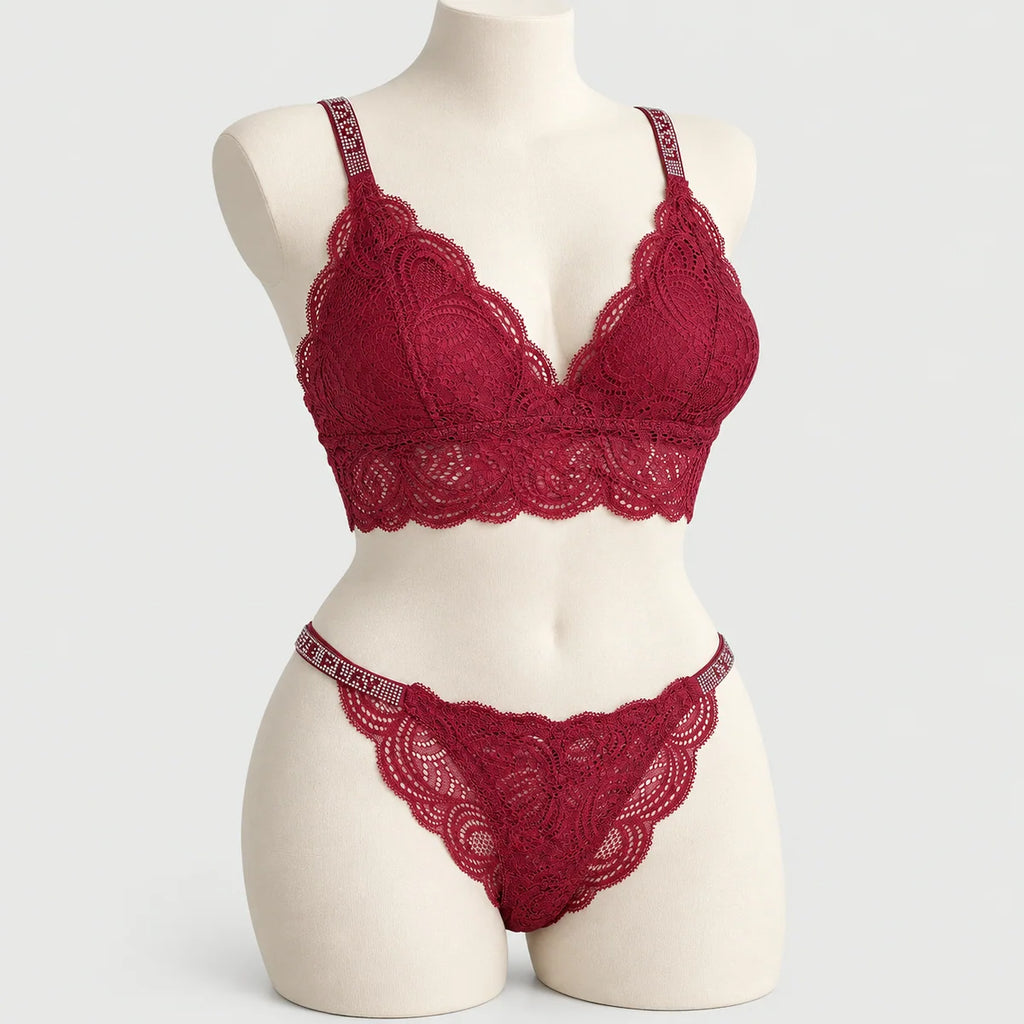 Sexy Bralette French Lace Deep V-neck Removable Padded Bra With Underwear