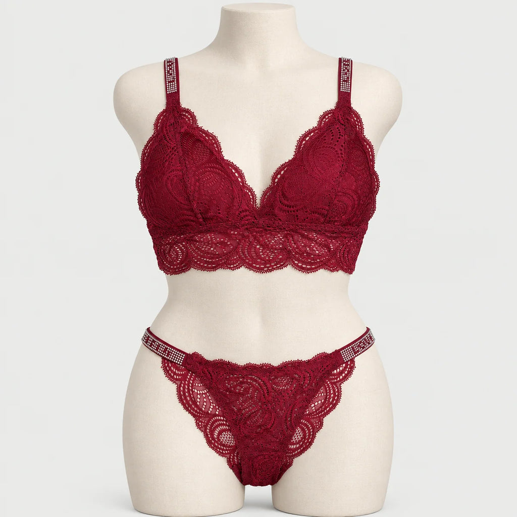 Sexy Bralette French Lace Deep V-neck Removable Padded Bra With Underwear