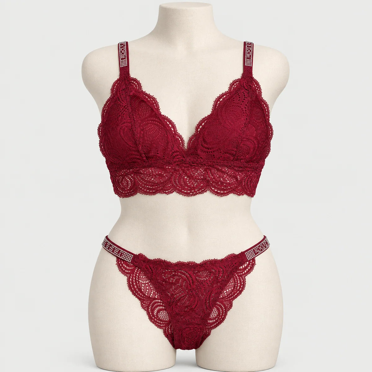 Sexy Bralette French Lace Deep V-neck Removable Padded Bra With Underwear