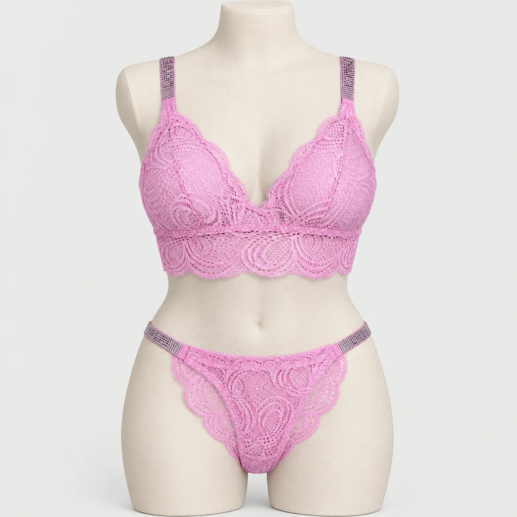Sexy Bralette French Lace Deep V-neck Removable Padded Bra With Underwear