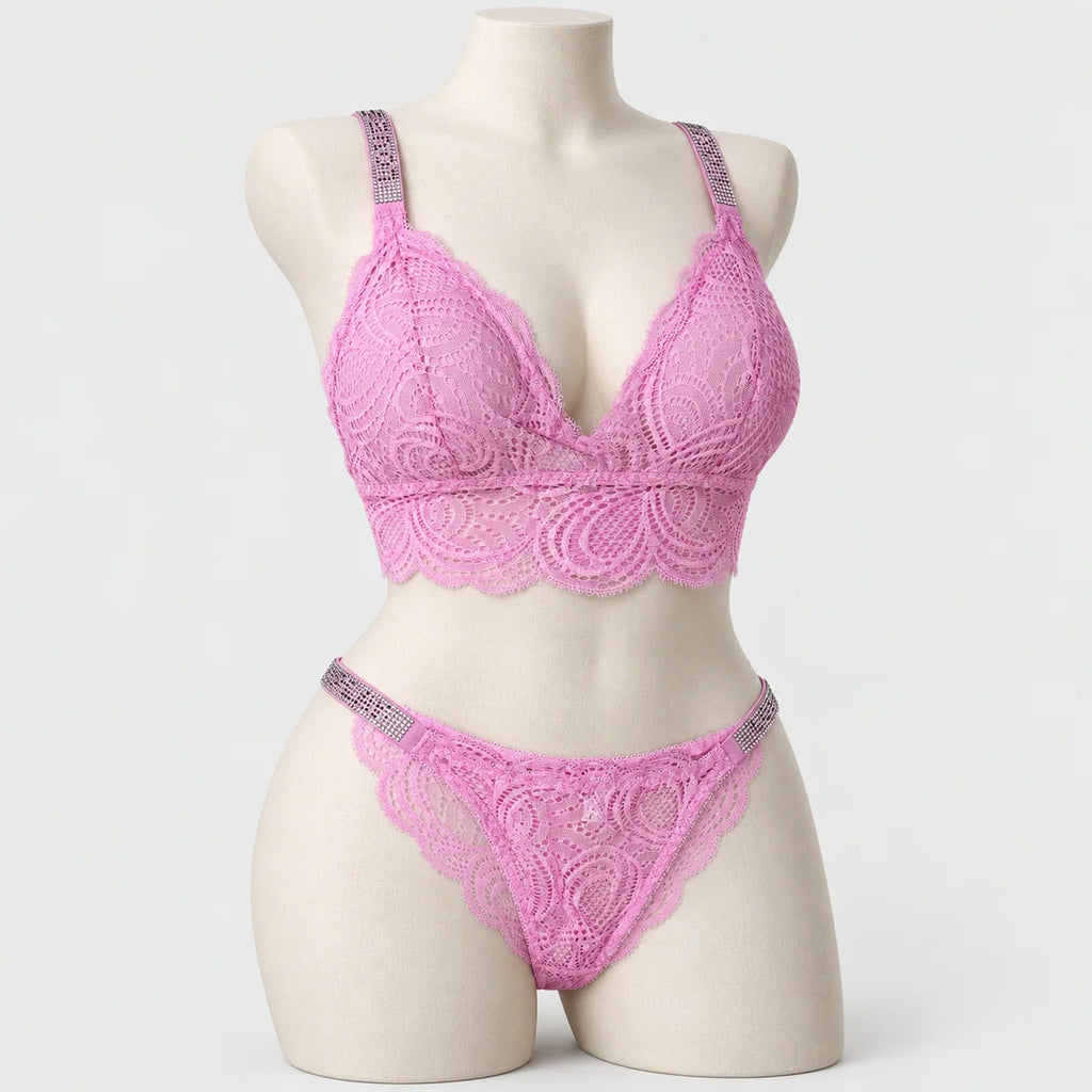 Sexy Bralette French Lace Deep V-neck Removable Padded Bra With Underwear