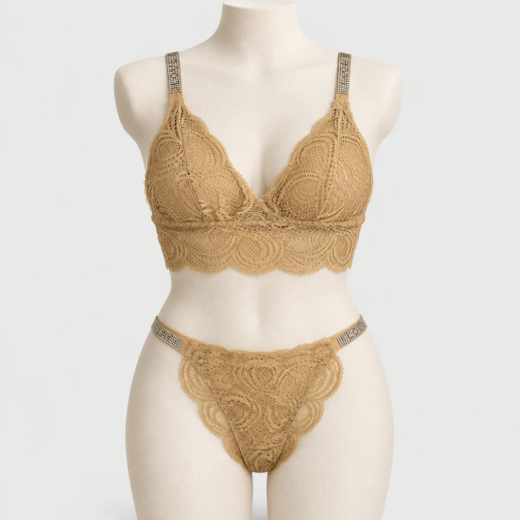 Sexy Bralette French Lace Deep V-neck Removable Padded Bra With Underwear