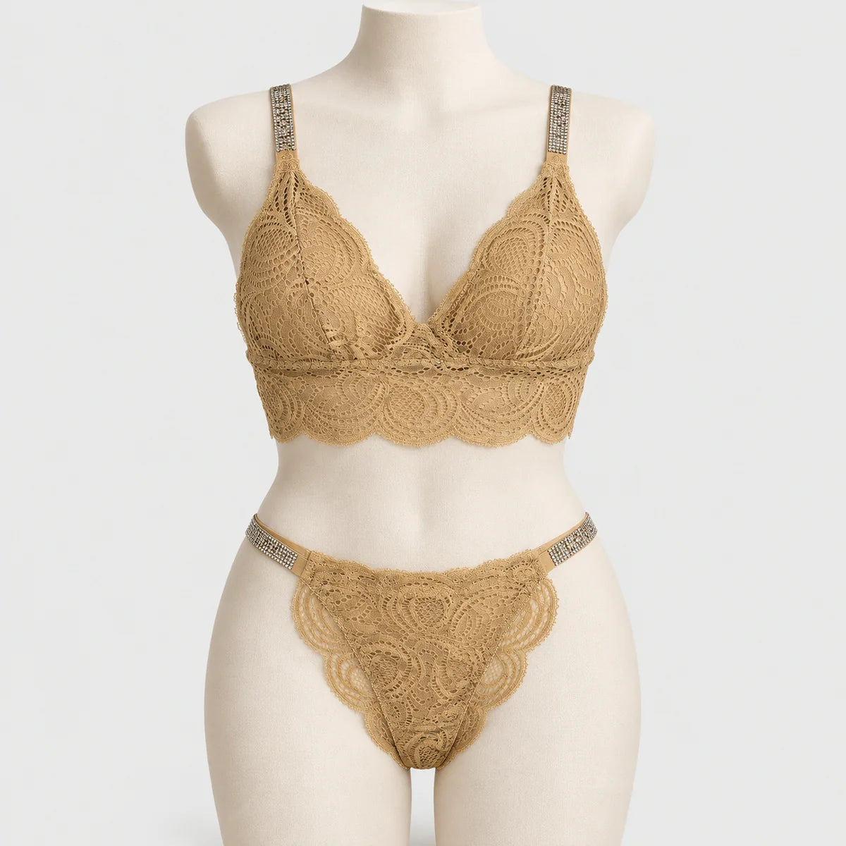 Sexy Bralette French Lace Deep V-neck Removable Padded Bra With Underwear